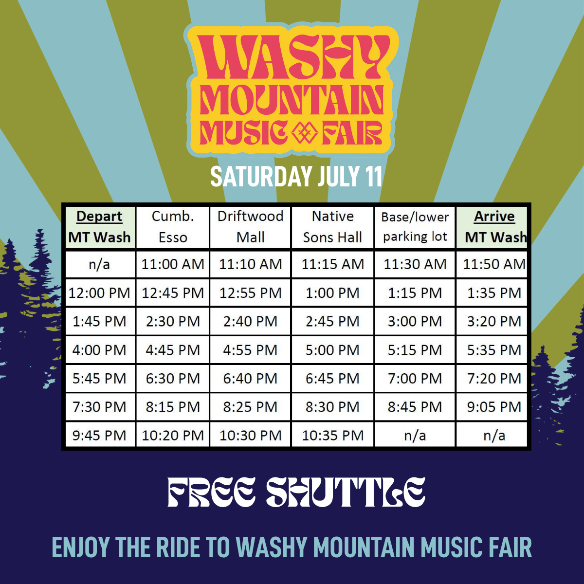 Washy Mountain Music Fair free shuttle schedule