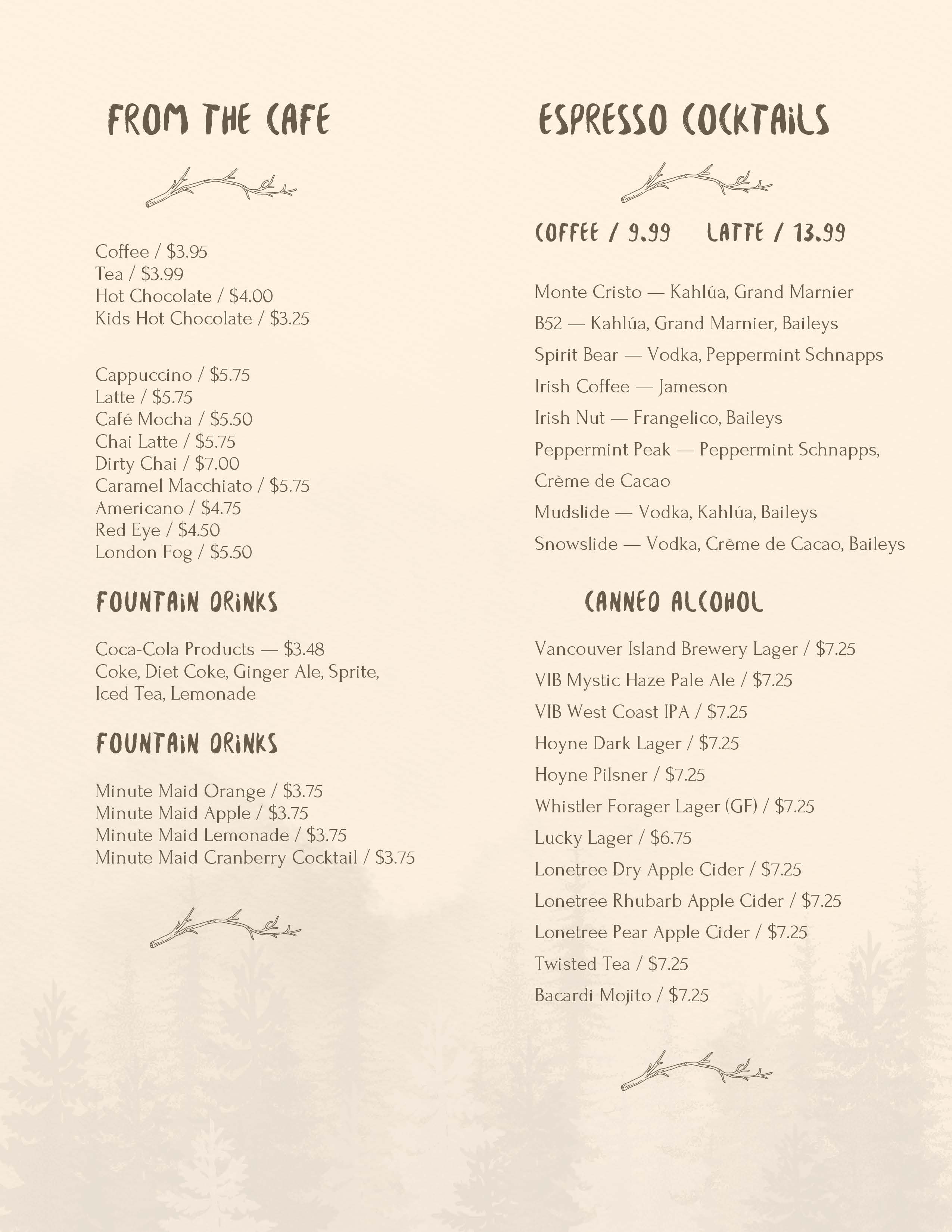 Raven Lodge fondue drink menu