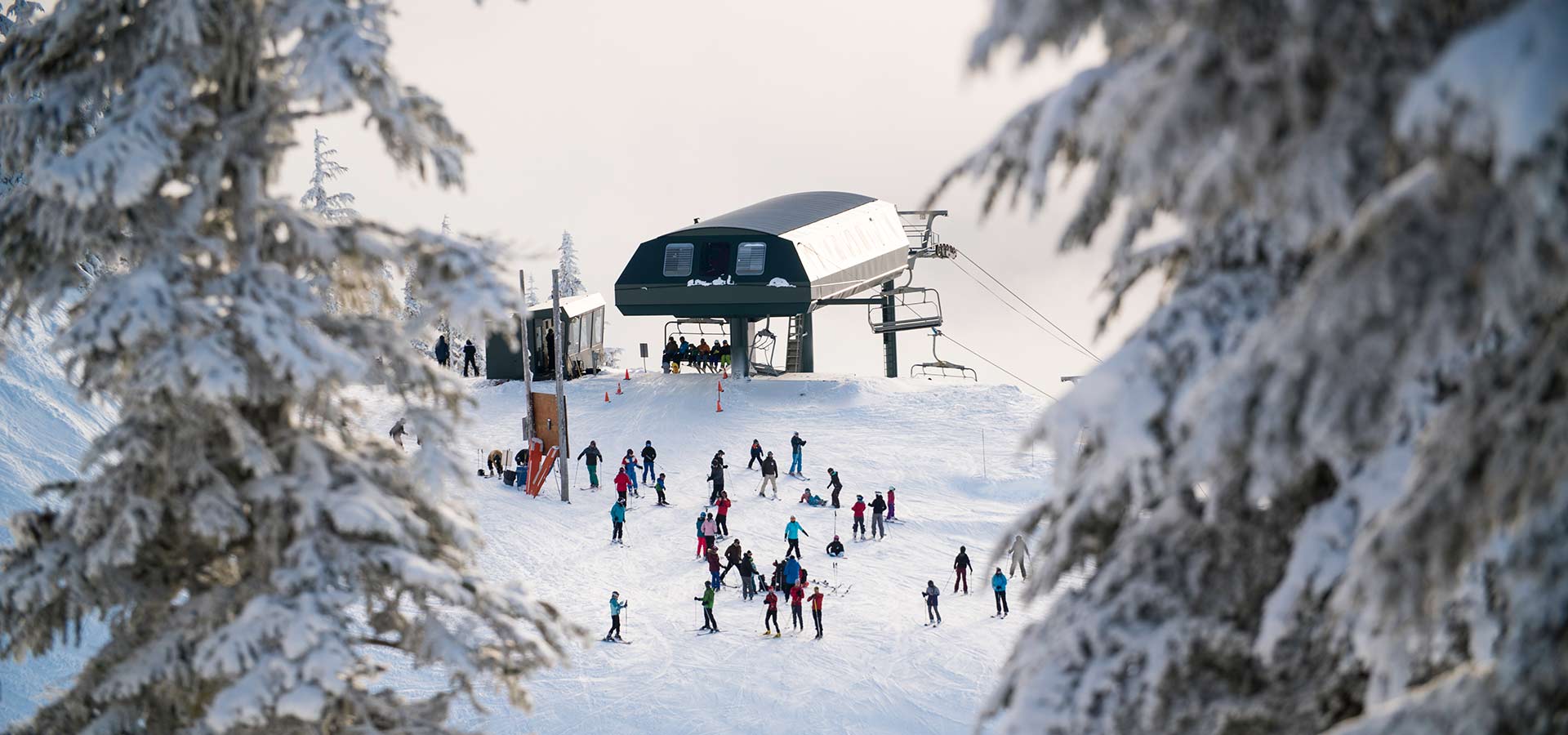 Aerial view of Mount Washington's ski runs with the Salish Sea beyond